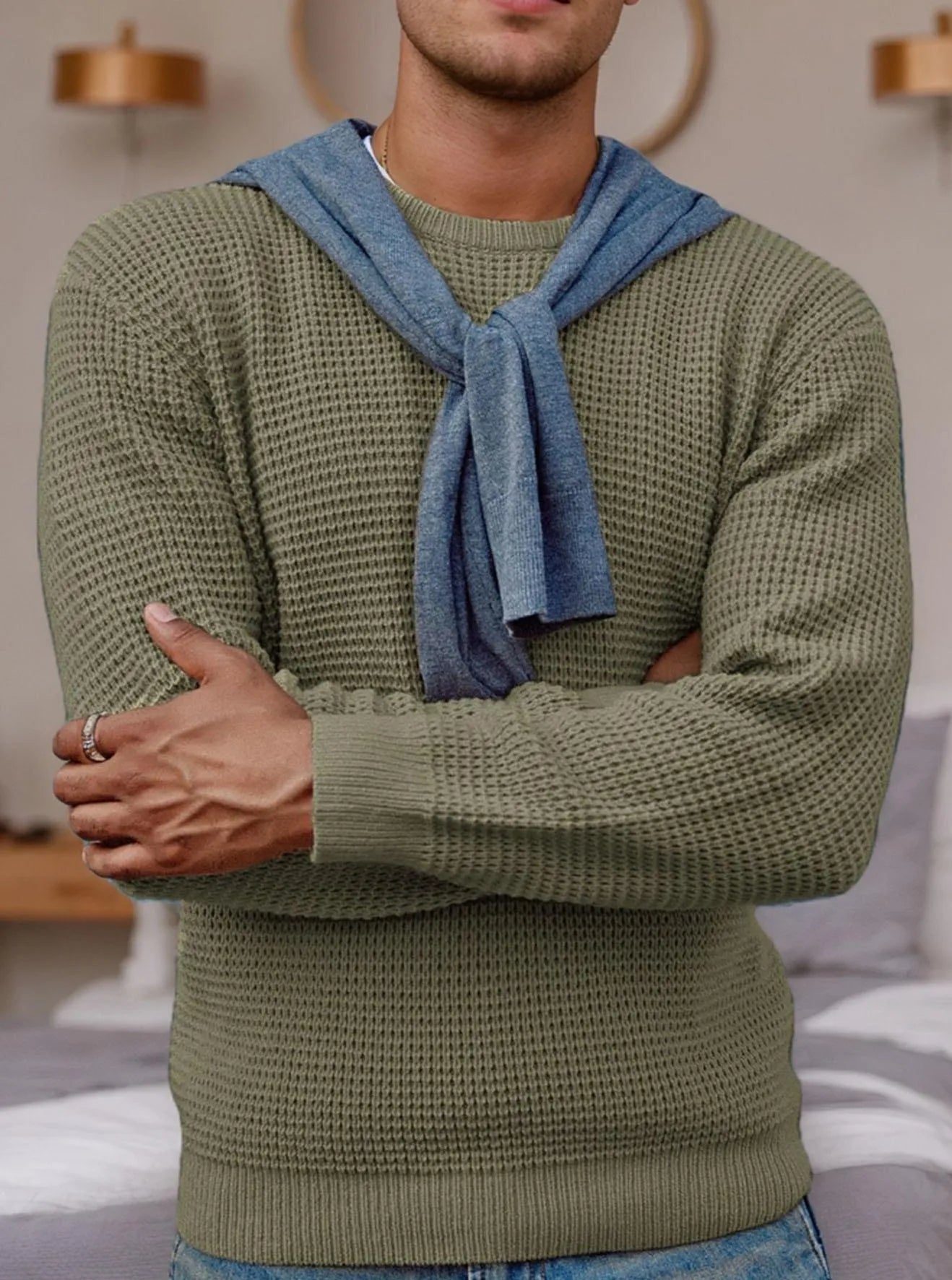 Men's Crewneck Waffle Texture Long Sleeve Knit Sweater