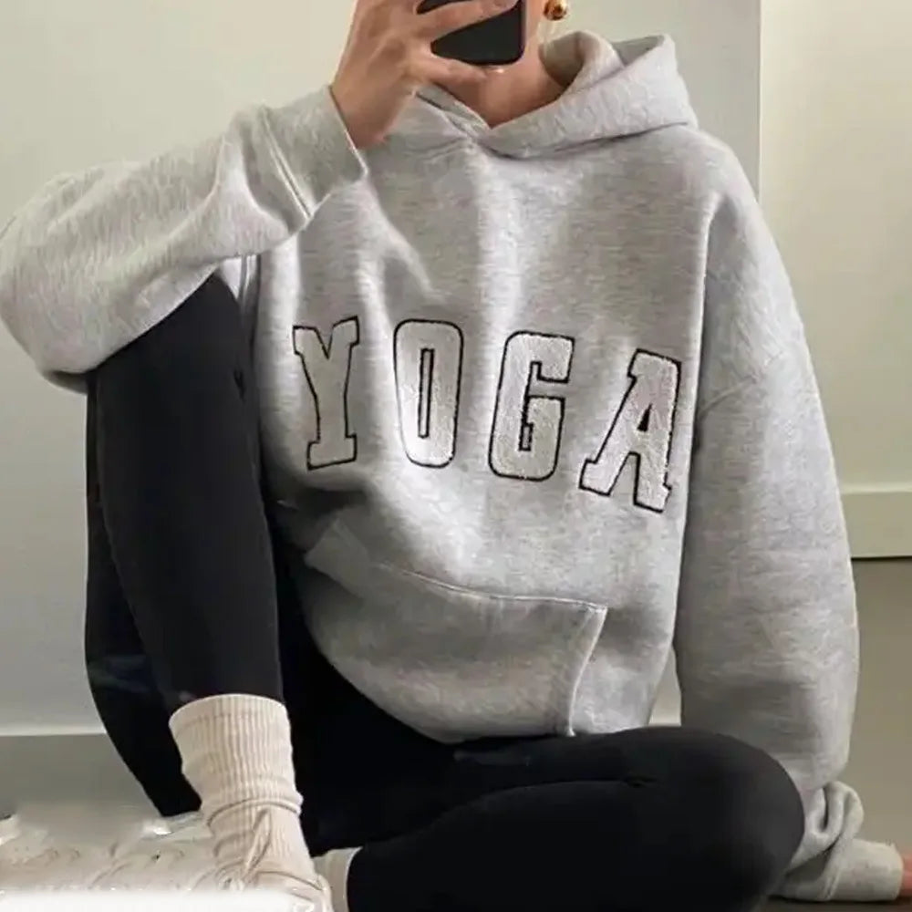 2025 New Fashion Casual Gray Embroidered YOGA Letters Solid Color Printing Versatile Loose Sports Hooded Sweatshirt For Women