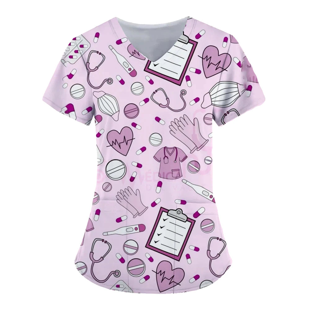 Medical Tools Graphic Healthcare Uniform Nurse Clinic Nursing Workwear Hospital T-shirt casual Short Sleeve Blouse Women Medical