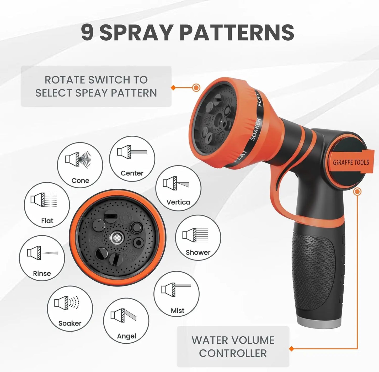 Giraffe Tools Garden Hose 5/8'' Lightweight & No-Kink Flexible Water Hoses Burst 600 psi with 9 Spray Nozzle