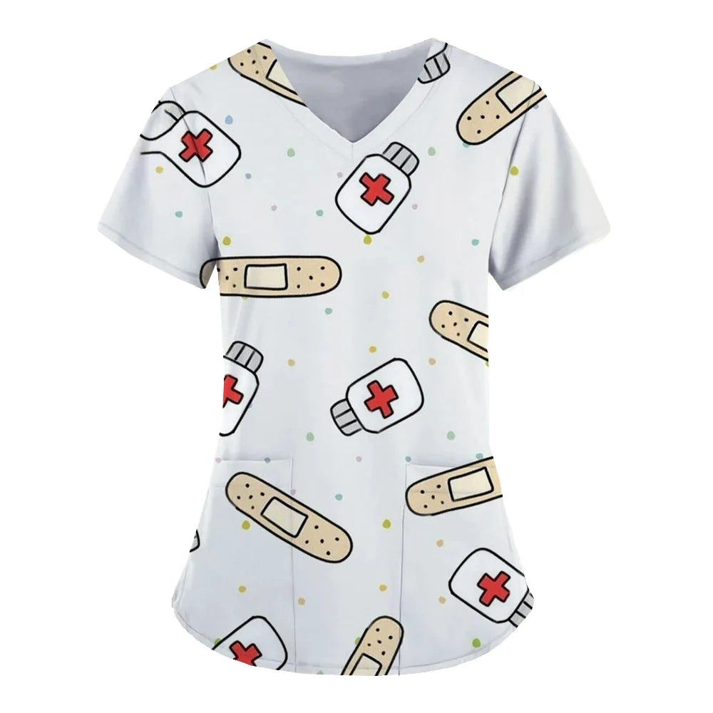 Medical Tools Graphic Healthcare Uniform Nurse Clinic Nursing Workwear Hospital T-shirt casual Short Sleeve Blouse Women Medical