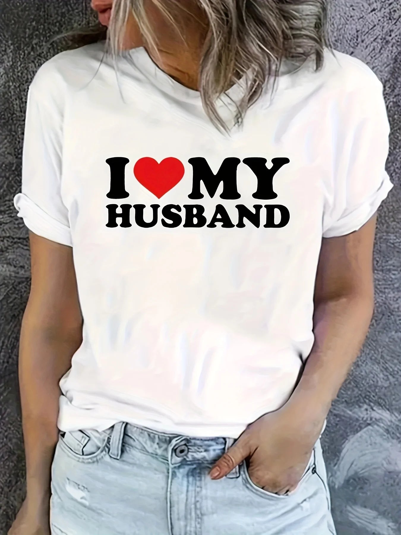 Women's Easy-Care Heart I Love My Husband Print Tee - Comfy Stretch Crew Neck Top for Chic Summer Style