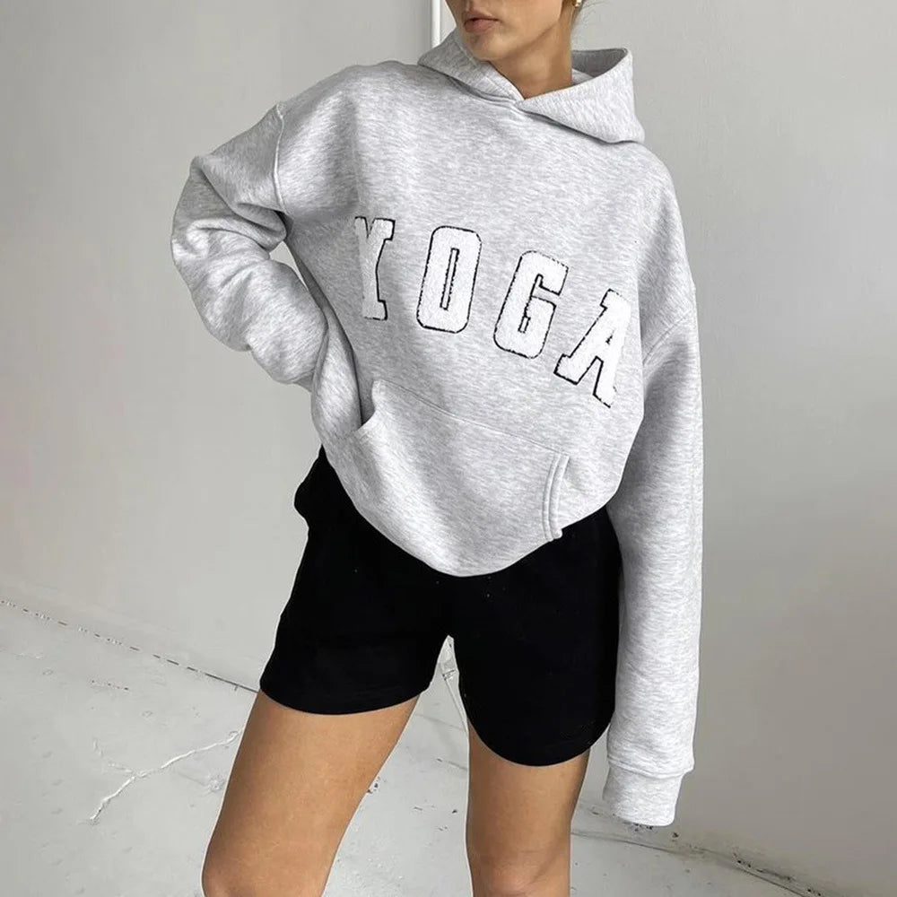 2025 New Fashion Casual Gray Embroidered YOGA Letters Solid Color Printing Versatile Loose Sports Hooded Sweatshirt For Women