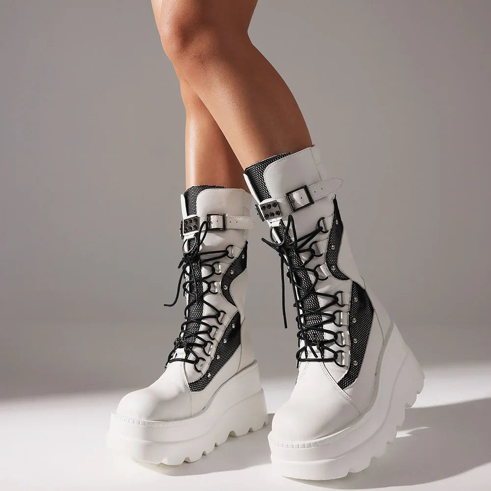 Women High Platform Mid Calf Motorcycle Boots