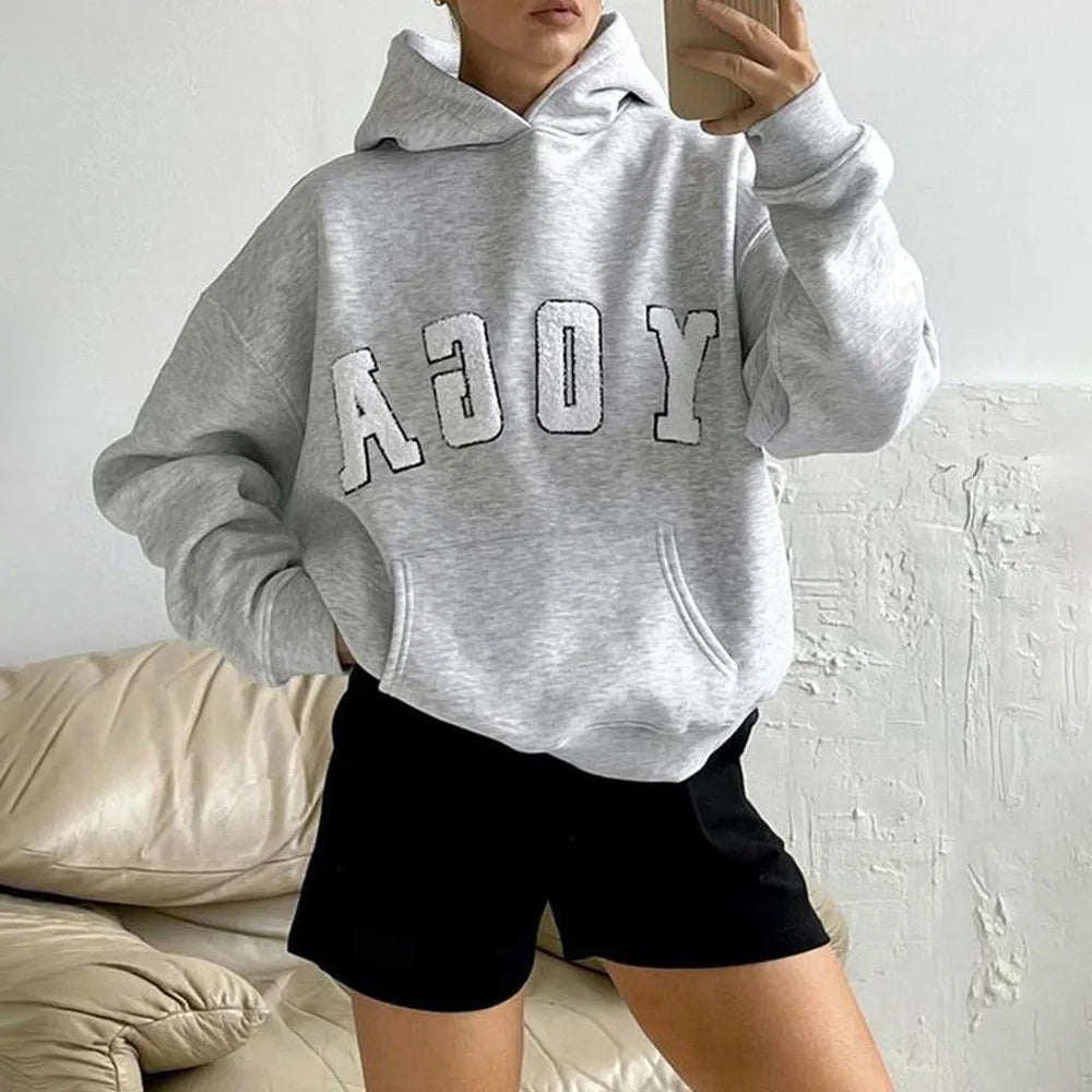 2025 New Fashion Casual Gray Embroidered YOGA Letters Solid Color Printing Versatile Loose Sports Hooded Sweatshirt For Women
