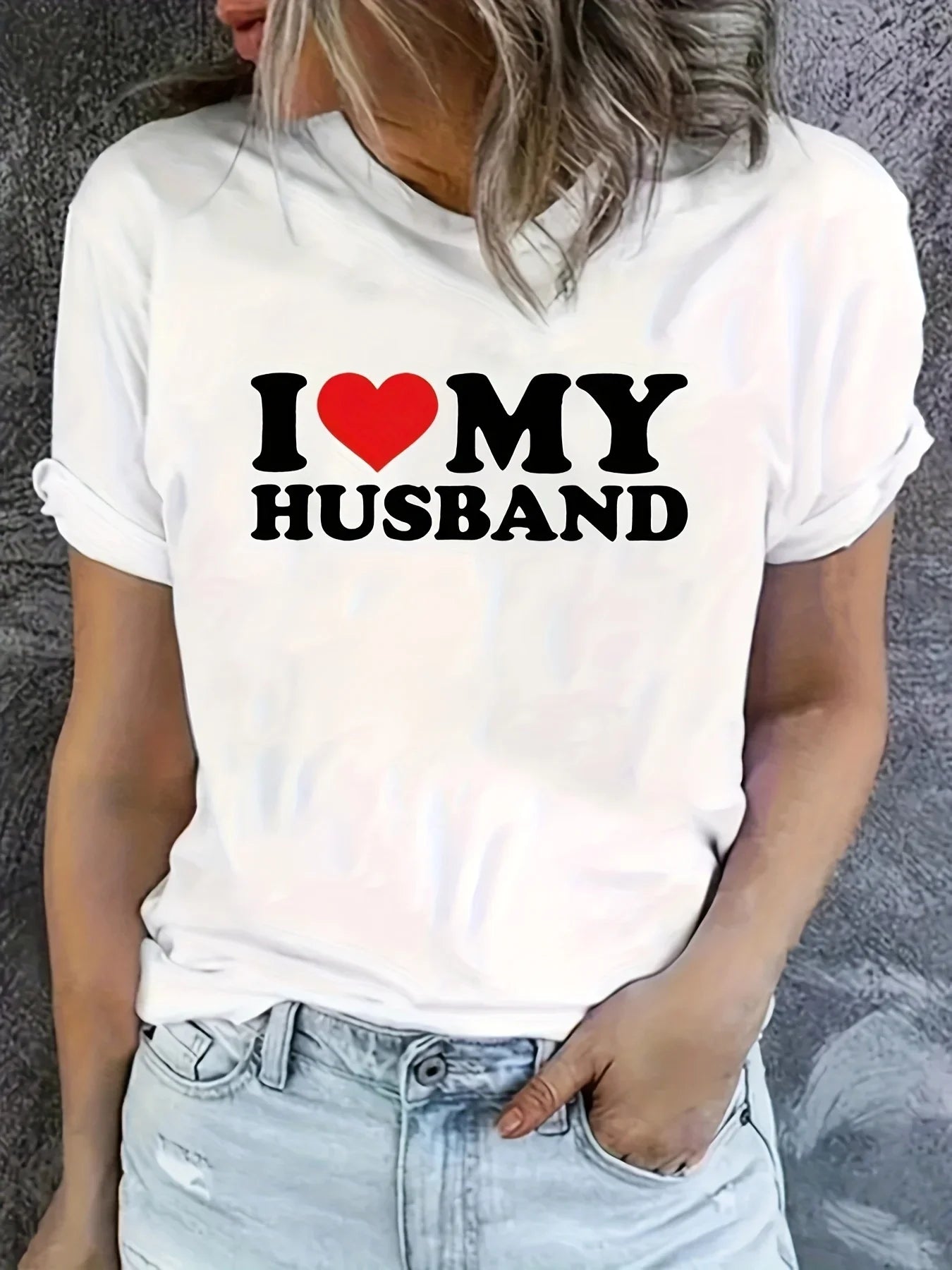 Women's Easy-Care Heart I Love My Husband Print Tee - Comfy Stretch Crew Neck Top for Chic Summer Style