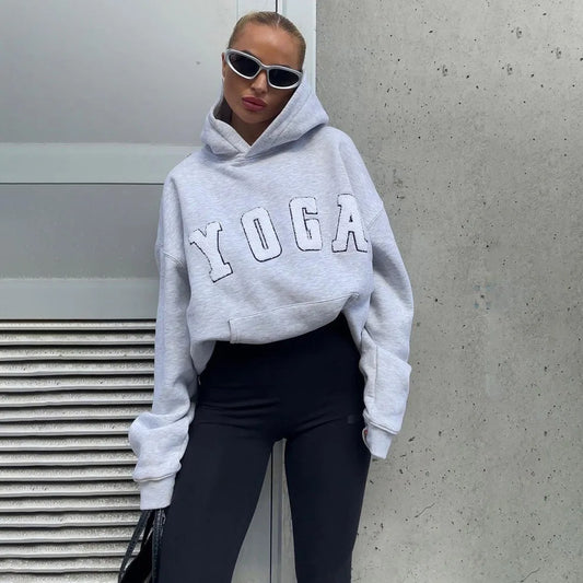 2025 New Fashion Casual Gray Embroidered YOGA Letters Solid Color Printing Versatile Loose Sports Hooded Sweatshirt For Women