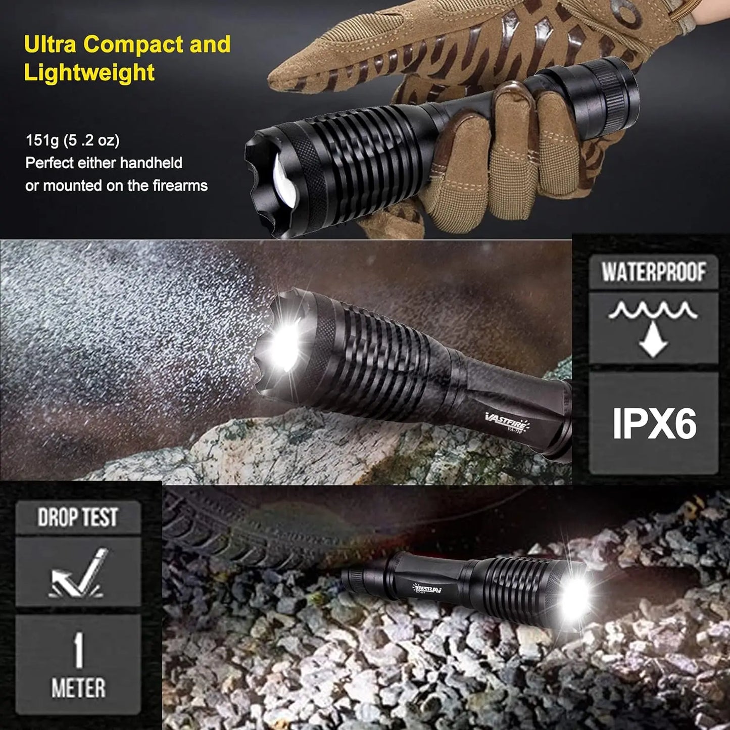 Super Bright Flashlight Torch -High Power White Light Beam,Remote Switch 2pcs Rechargeable Batteries Hunting Camping Fishing
