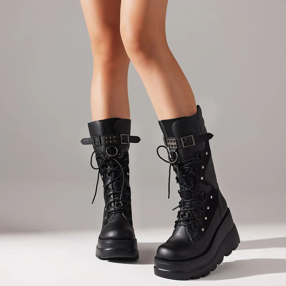 Women High Platform Mid Calf Motorcycle Boots