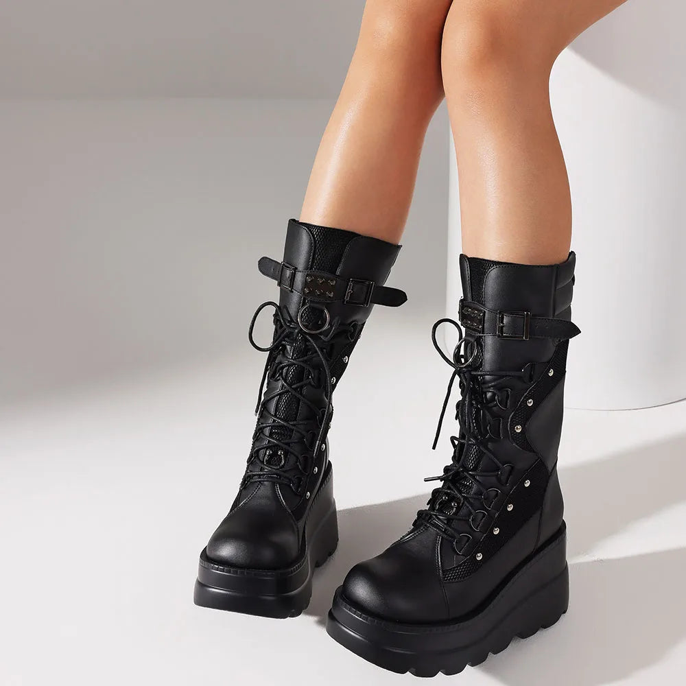 Women High Platform Mid Calf Motorcycle Boots