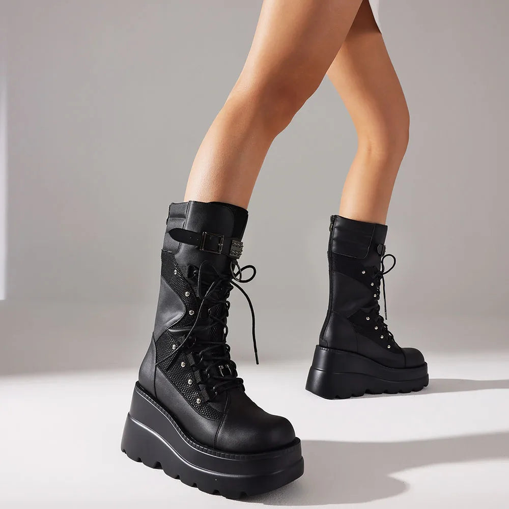 Women High Platform Mid Calf Motorcycle Boots