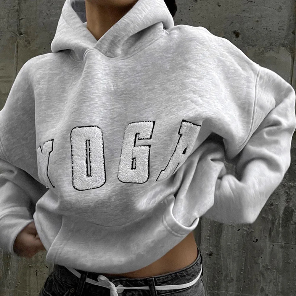 2025 New Fashion Casual Gray Embroidered YOGA Letters Solid Color Printing Versatile Loose Sports Hooded Sweatshirt For Women
